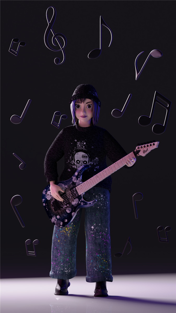 Render 3D de un personaje con guitarra